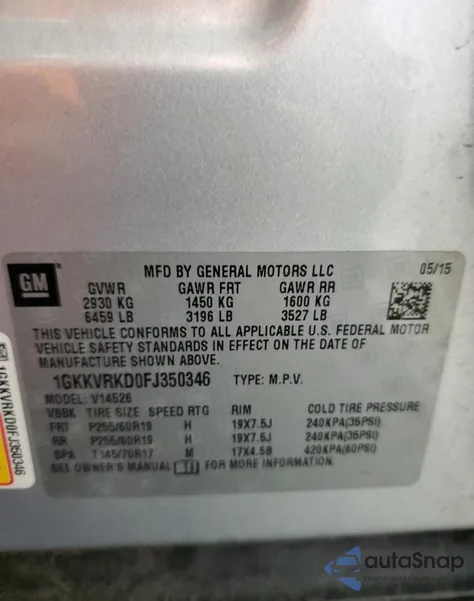 2015 GMC Acadia Slt-1 z USA, uszkodzony, nr VIN 1GKKVRKD0FJ350346